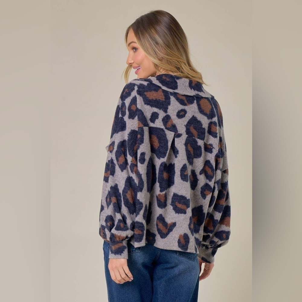 Saints & Hearts Gray and Brown Leopard Patterned Oversized Boxy Sweater Cardigan - Picture 4 of 14